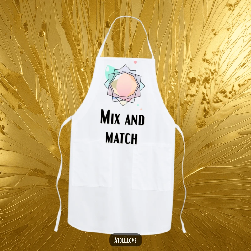 Funny abstract apron with layered transparent organic shapes interacting with sharp geometric forms, kitchen accessory.
