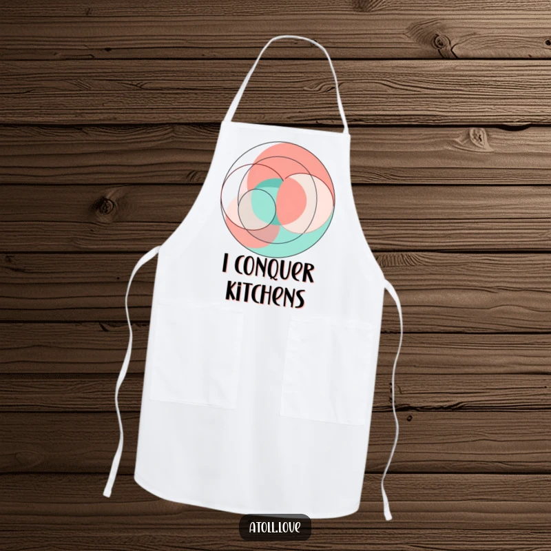 Funny abstract geometric art apron with vibrant coral and teal interlocking circles and sharp lines, kitchen wear.