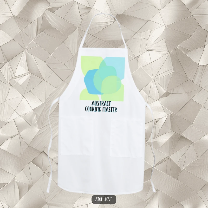 Funny apron with bold, overlapping geometric shapes in oceanic blues and greens, showcasing abstract ocean art, perfect funny gift.
