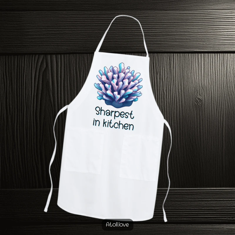 Funny geometric reef apron featuring a bold cyan and white abstract design, perfect for a stylish and humorous kitchen.