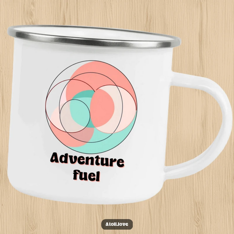 Funny abstract geometric art camping mug with vibrant coral and teal interlocking circles and sharp lines, durable.