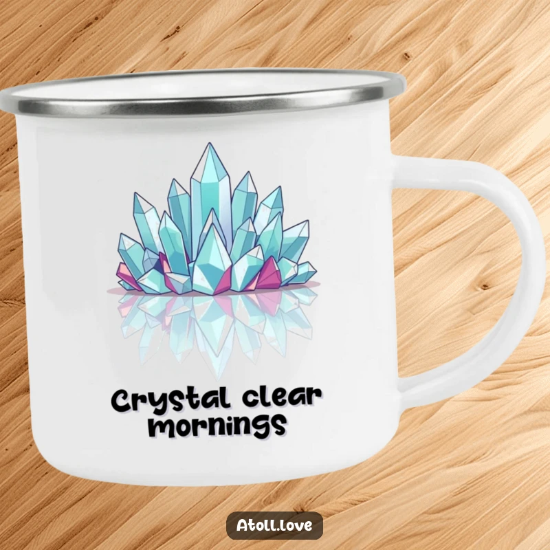 Funny Camping Mug with angular crystalline structures on a reflective surface, perfect for outdoor enthusiasts.