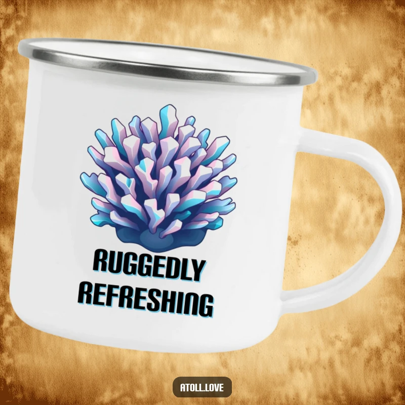 Funny geometric reef camping mug with a cool cyan and white pattern, durable and artistic for outdoor enjoyment.
