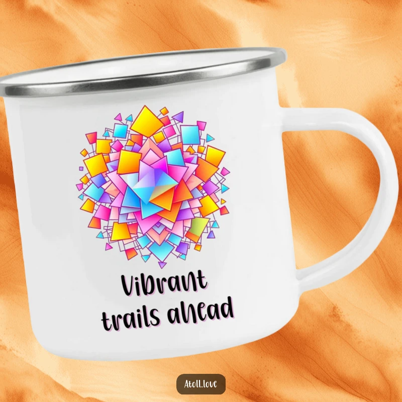 Funny Camping Mug featuring a vibrant gradient across an interconnected network of abstract shapes, for outdoor enjoyment.