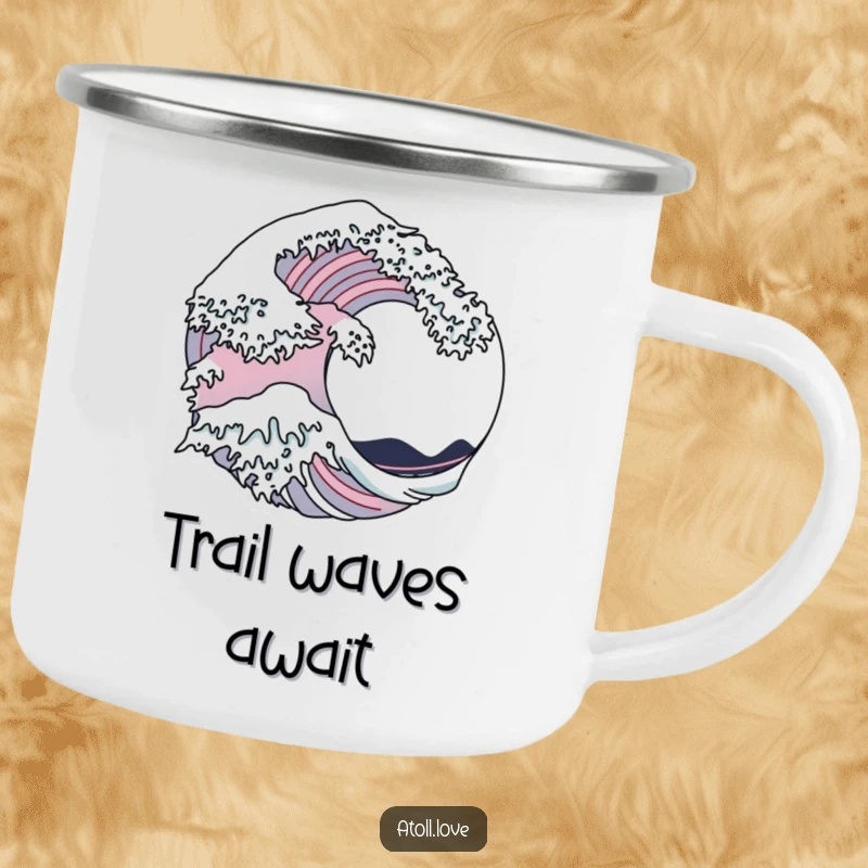 Funny Camping Mug showcasing a stylized wave merged with architectural outlines, ideal for adventurous souls.
