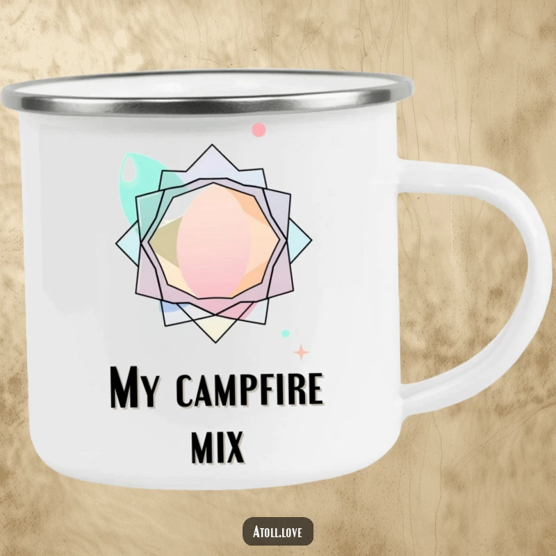 Funny abstract camping mug with layered transparent organic shapes interacting with sharp geometric forms, outdoor design.