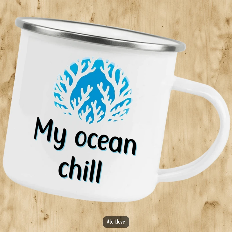 Funny Camping Mug with a white coral silhouette on deep blue, built for adventure, a stylish and funny gift.
