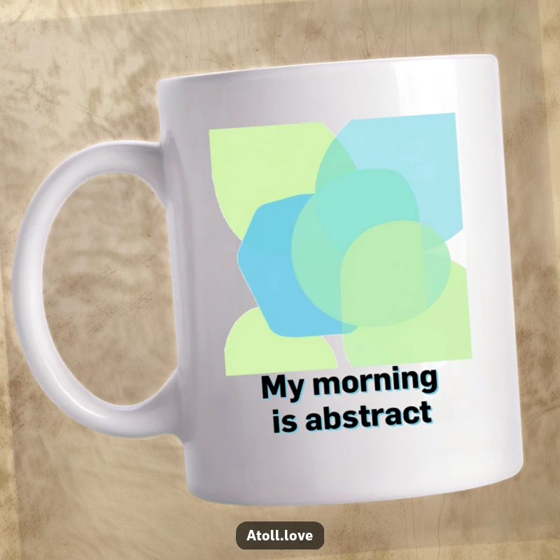 Funny mug featuring bold, overlapping geometric shapes in vibrant oceanic blues and greens, evoking abstract ocean art, perfect gift.