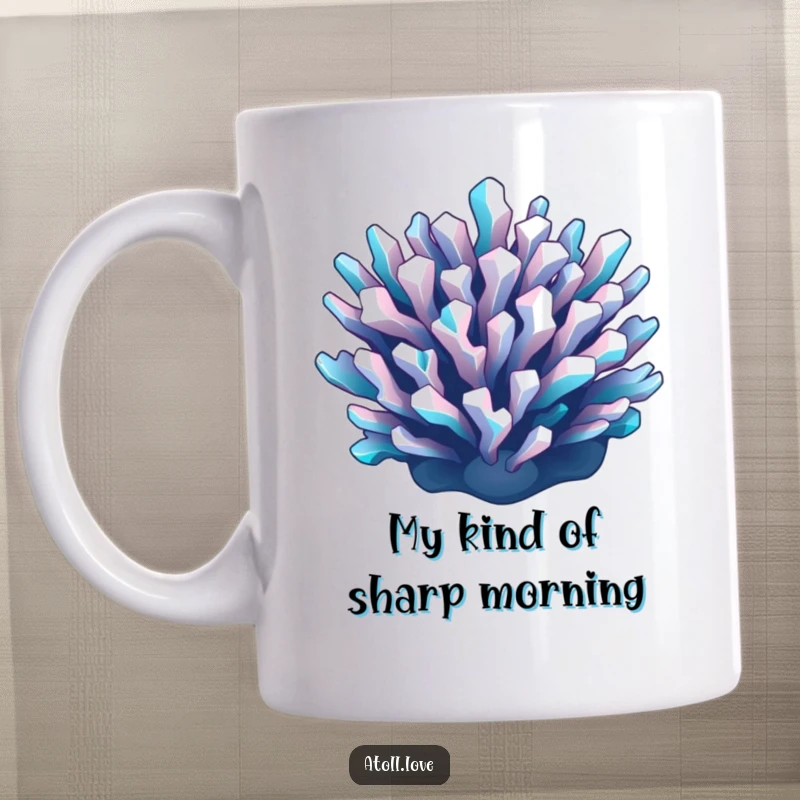 Funny geometric reef mug with sharp cyan and white lines on a dark background, artistic and cool ocean vibe.