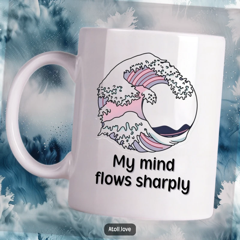 Funny Mug featuring a stylized wave pattern seamlessly merging into sharp architectural outlines, symbolizing creative fusion.