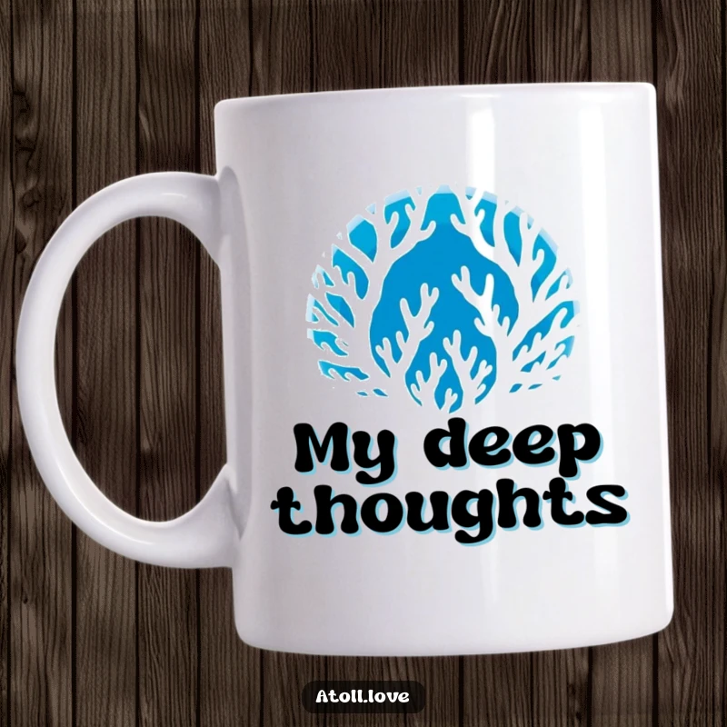 Funny Mug featuring a stark white silhouette of circular coral against a deep blue void, representing oceanic beauty, a great funny gift.