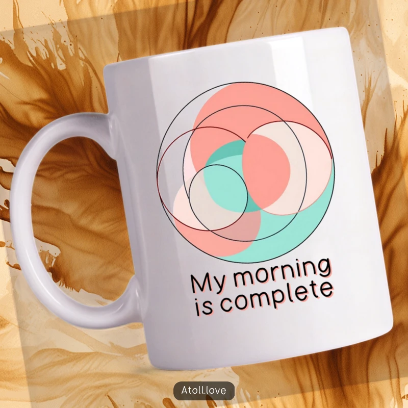 Funny abstract geometric art mug with interlocking coral and teal circles and sharp lines, vibrant modern design.