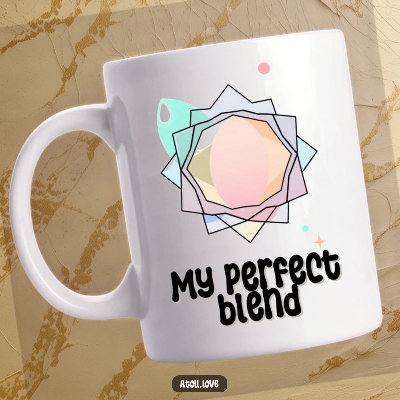 Funny abstract mug featuring layered transparent organic shapes interacting with sharp geometric forms, modern art fusion.