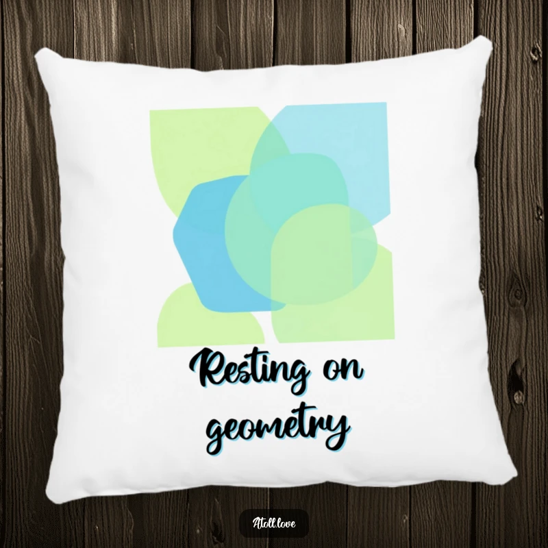Funny pillow with bold, overlapping geometric shapes in oceanic blues and greens, offering cozy abstract art, a wonderful funny gift.