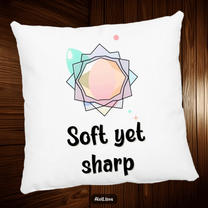 Funny abstract pillow with layered transparent organic shapes interacting with sharp geometric forms, modern design.