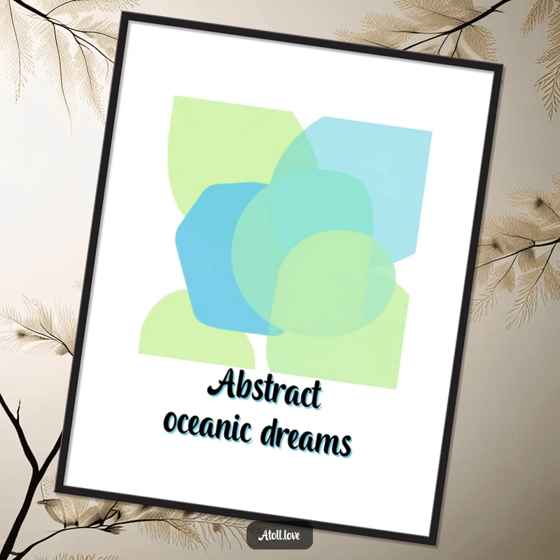 Funny digital art print with bold, overlapping geometric shapes in oceanic blues and greens, offering vibrant abstract art, perfect funny gift.