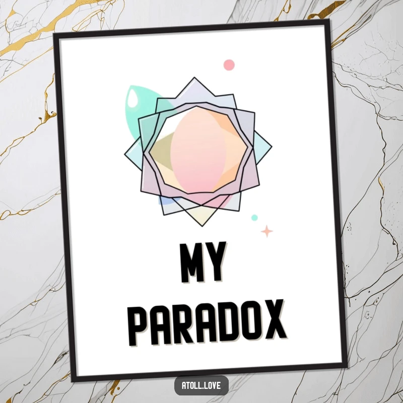 Funny abstract digital art print featuring layered transparent organic shapes interacting with sharp geometric forms, modern design.