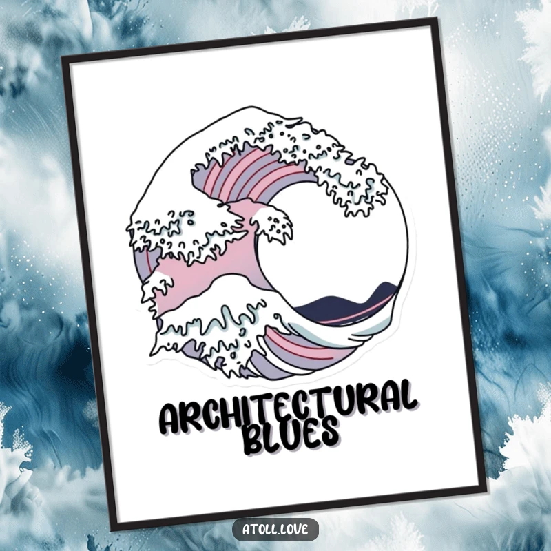 Funny Digital Art Print showing a stylized wave pattern flowing into crisp architectural outlines, creating dynamic visual appeal.