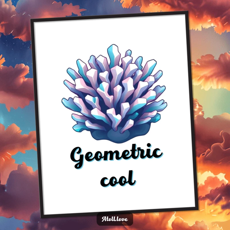 Funny geometric reef digital art print with sharp cyan and white lines on a dark background, offering modern artistic appeal.