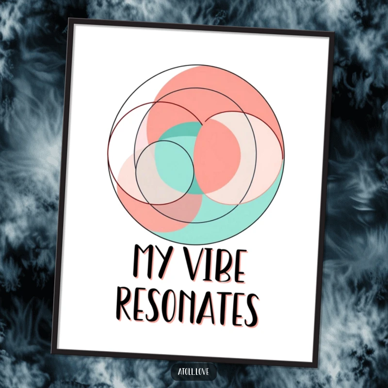 Funny abstract geometric art digital print with vibrant coral and teal interlocking circles and sharp lines, modern design.