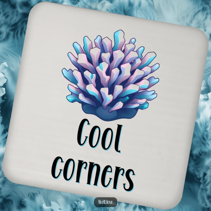 Funny geometric reef drink coasters featuring a sharp cyan and white pattern, protecting surfaces with artistic humor.