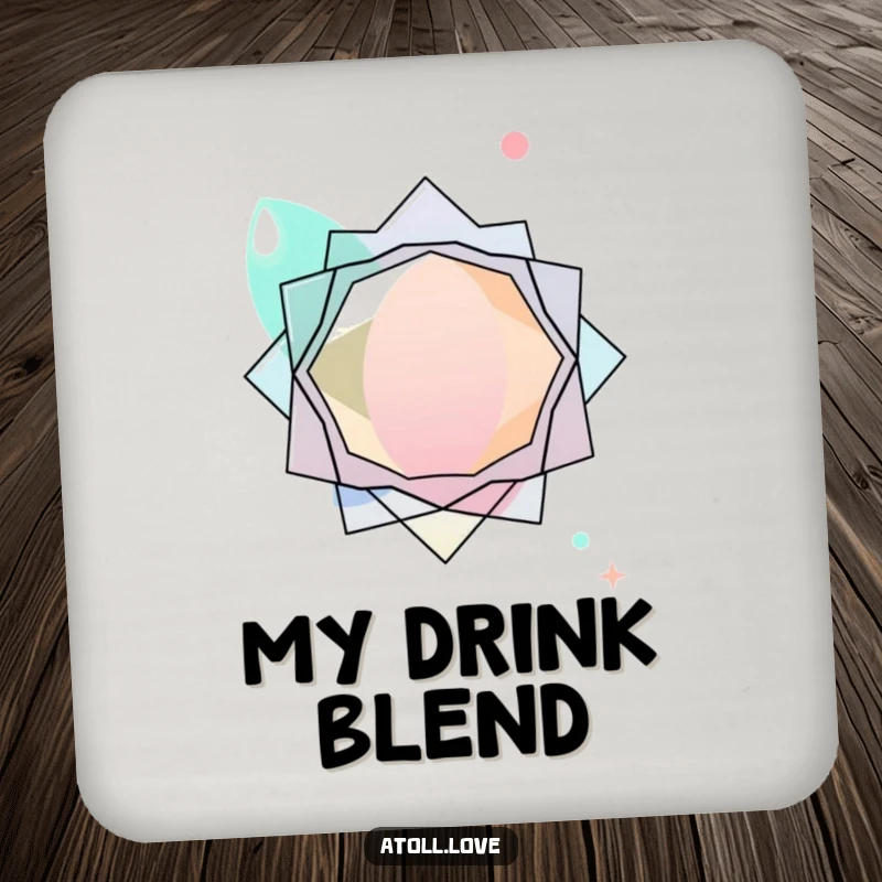 Funny abstract coasters with layered transparent organic shapes interacting with sharp geometric forms, modern art.
