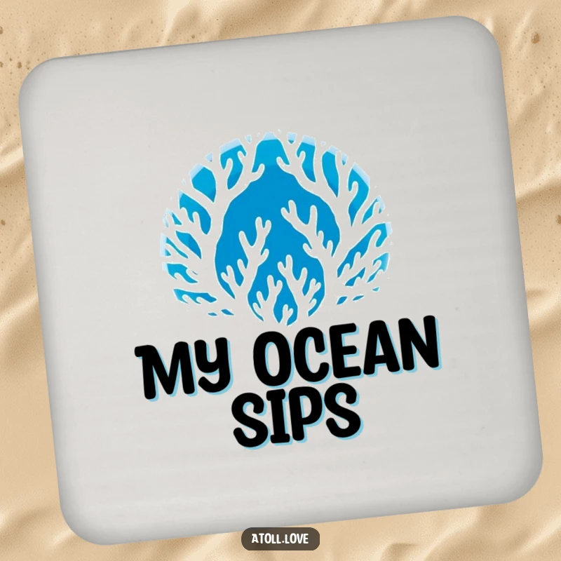 Funny Drink Coasters featuring a white coral silhouette on deep blue, protecting furniture with artistic and funny flair, a superb funny gift.