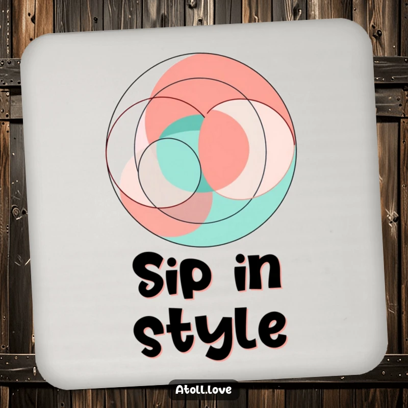 Funny abstract geometric art coasters in vibrant coral and teal interlocking circles and sharp lines, modern set.