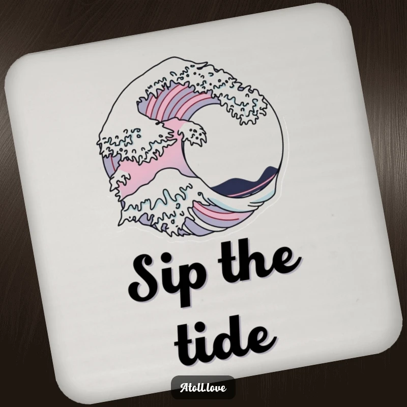 Funny Coasters featuring a stylized wave pattern meeting sharp architectural lines, protecting surfaces with artistic flair.