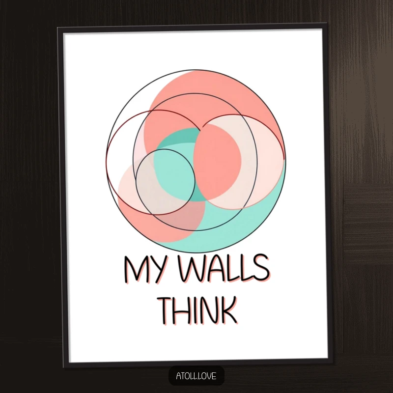 Funny abstract geometric art poster featuring vibrant coral and teal interlocking circles and sharp lines, modern design.