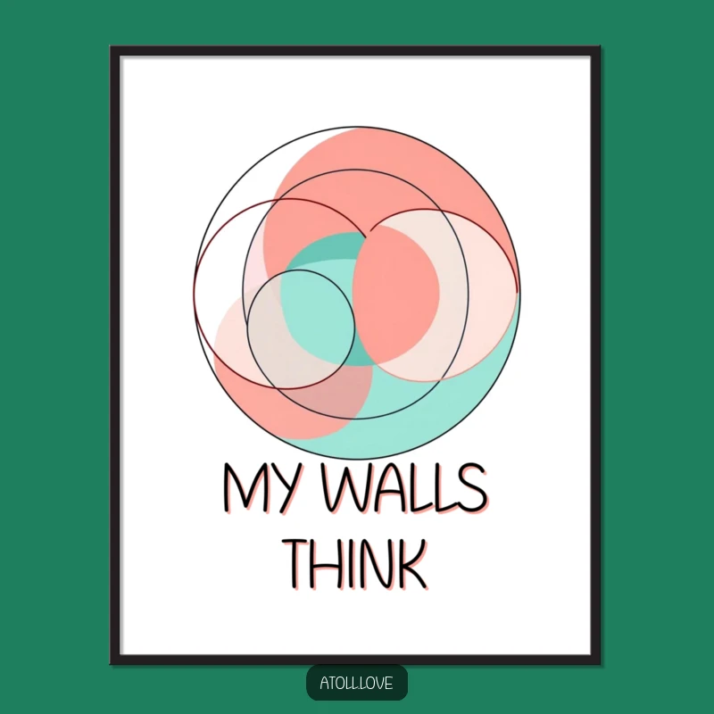 Funny Abstract Geometric Art Poster, Vibrant Coral Teal Circles, Modern Wall Decor Gift