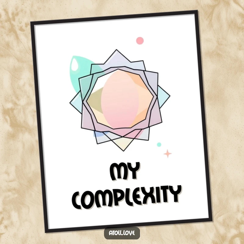 Funny abstract art poster featuring layered transparent organic shapes interacting with sharp geometric forms, modern decor.