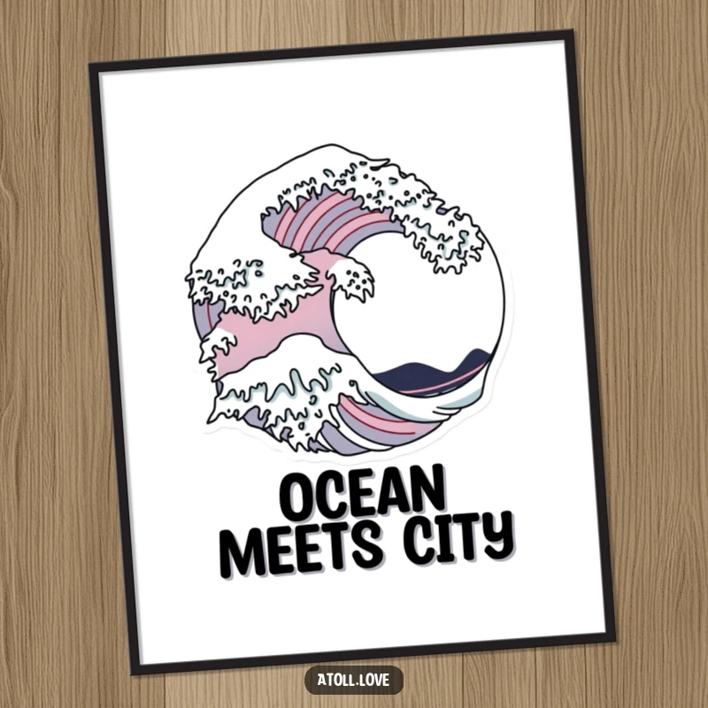 Funny Poster illustrating the seamless transition between a stylized ocean wave and sharp, minimalistic building structures.