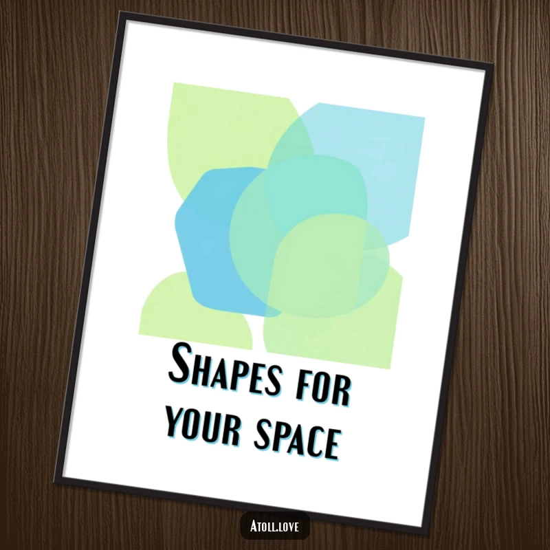 Funny poster with bold, overlapping geometric shapes in vibrant oceanic blues and greens, creating striking abstract ocean art, perfect gift.