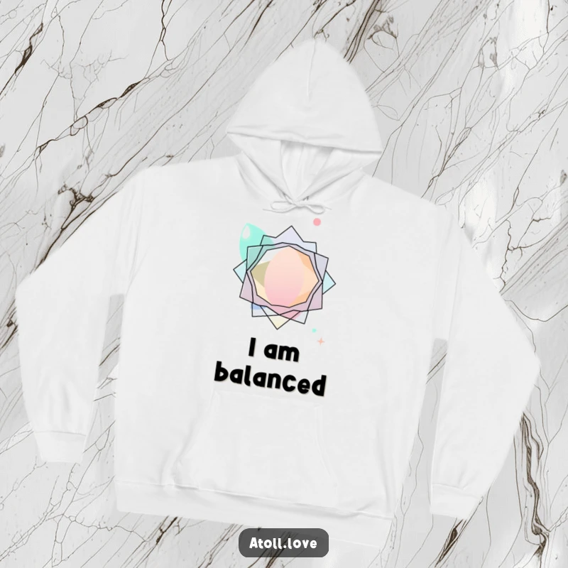 Funny abstract hoodie showcasing layered transparent organic shapes interacting with sharp geometric forms, modern design.