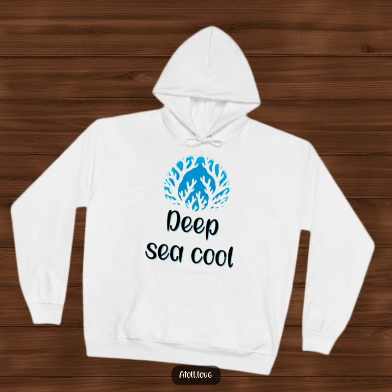 Funny Hoodie featuring a white coral silhouette against a deep blue void, offering warmth and oceanic beauty, a great funny gift.