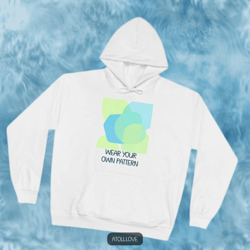 Funny hoodie with bold, overlapping geometric shapes in oceanic blues and greens, offering cozy abstract art, a fantastic funny gift.