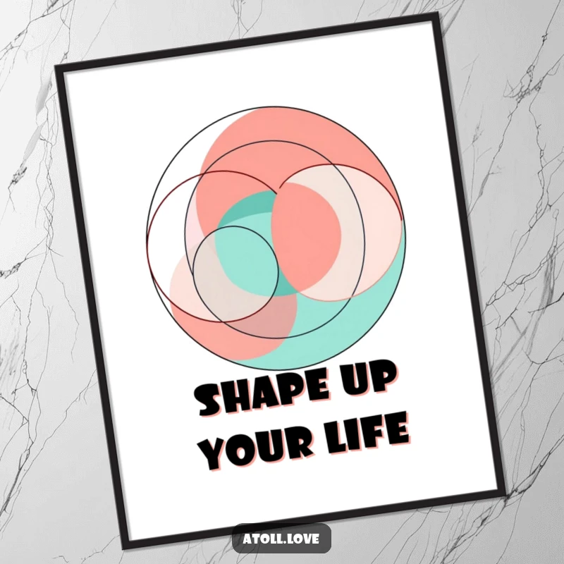 Funny Free Printable Abstract Geometric Wall Art featuring interlocking circles and sharp lines in a vibrant coral and teal color scheme.