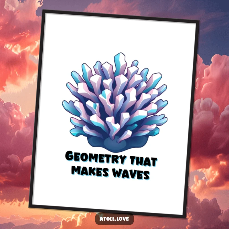 Funny Free Printable Wall Art: a sharp, geometric reef in cyan and white on a dark background, creating abstract ocean vibes.