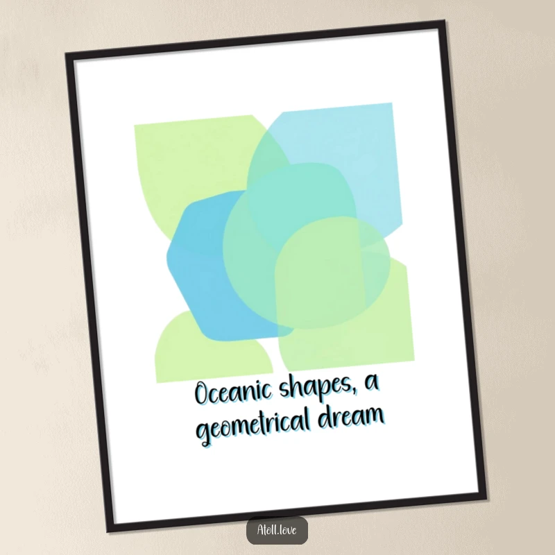 Free Printable Wall Art: Bold, overlapping geometric shapes in vibrant oceanic blues and greens, modern decor.