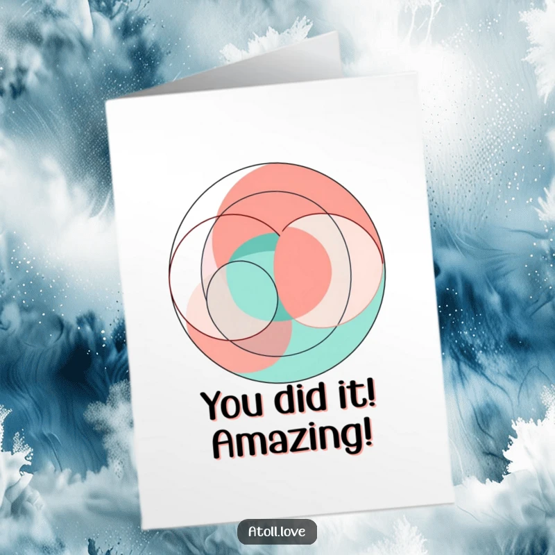 Funny Free Printable Abstract Congratulations Card with vibrant coral and teal interlocking geometric shapes, celebrating success with modern art.