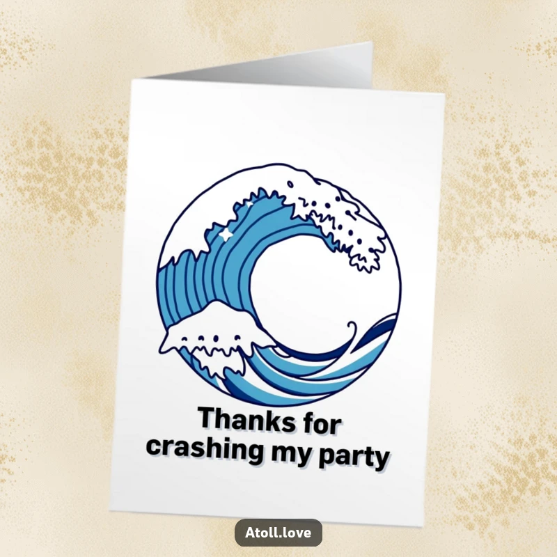 Funny Free Printable Thank You Card featuring a stylized wave crashing over a circle, conveying strong gratitude with artistic energy.
