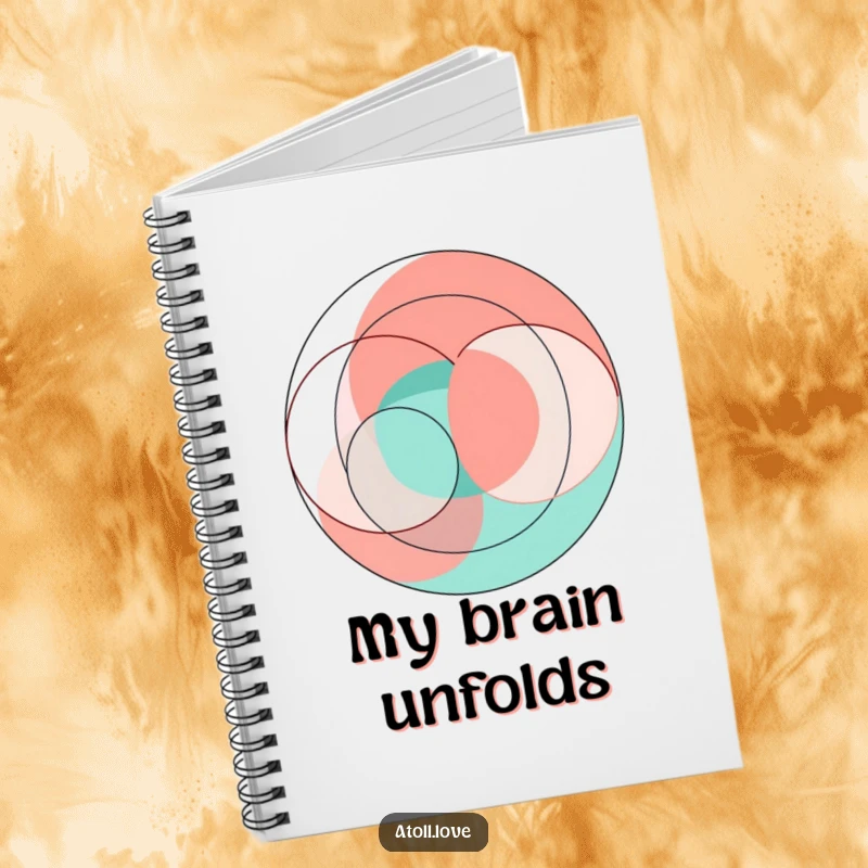 Funny abstract geometric art notebook with vibrant coral and teal interlocking circles and sharp lines, modern cover.