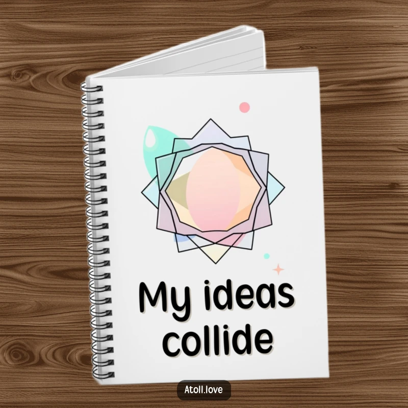 Funny abstract notebook with layered transparent organic shapes interacting with sharp geometric forms on the cover.