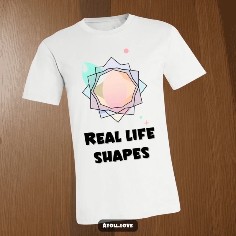 Funny abstract t-shirt with layered transparent organic shapes interacting with sharp geometric forms, modern graphic.
