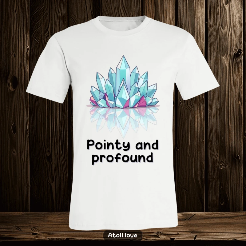 Funny T-Shirt featuring dramatic angular crystalline structures emerging from a reflective plane, illustrating sharp, intellectual wit.