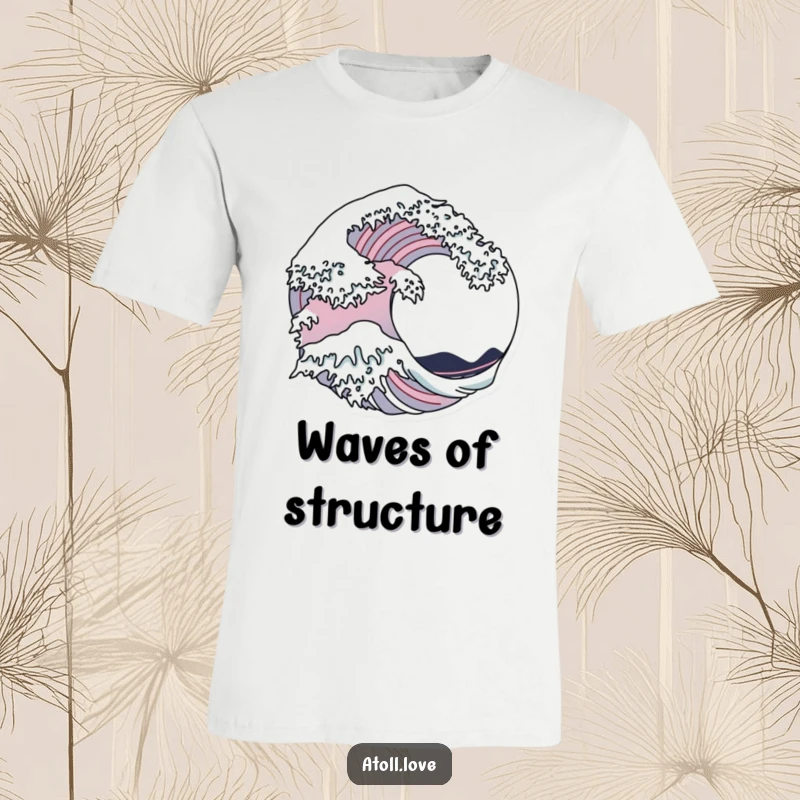 Funny T-Shirt showcasing a fluid wave pattern dissolving into rigid architectural shapes, a symbol of dynamic design.