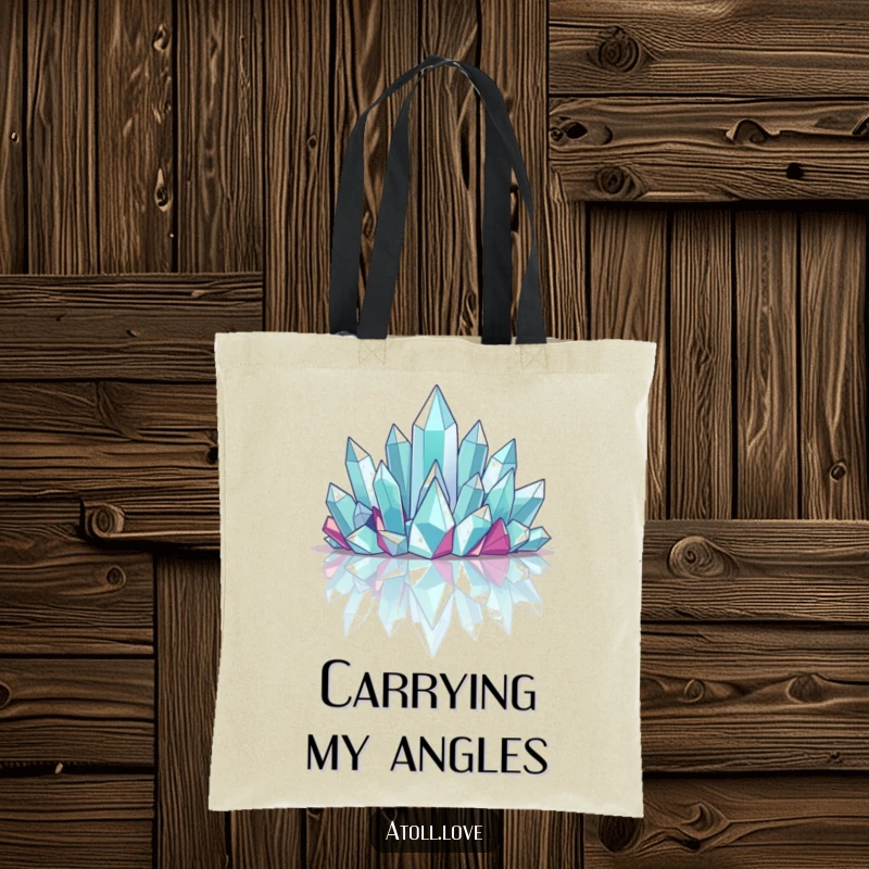 Funny Tote Bag illustrating abstract angular crystalline formations arising from a mirrored surface, a chic, witty accessory.