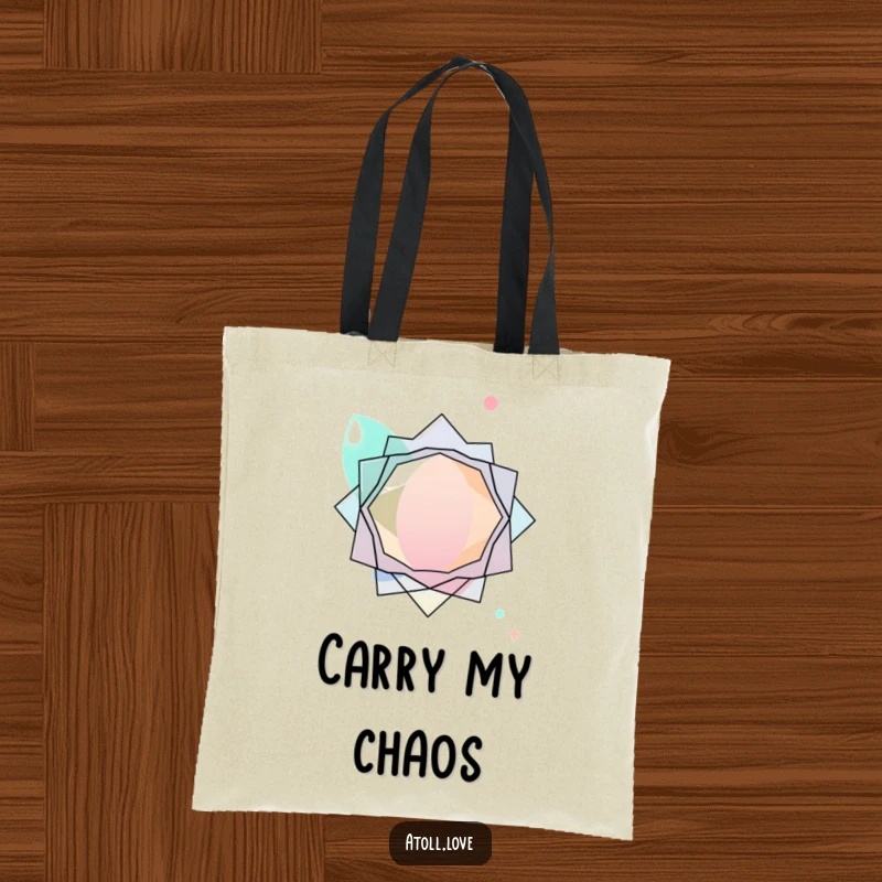 Funny abstract tote bag with layered transparent organic shapes interacting with sharp geometric forms, modern pattern.