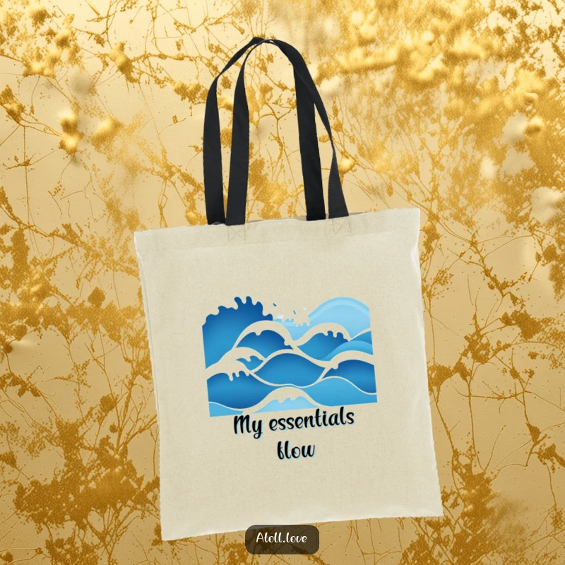 Funny minimalist wave art tote bag with a deep blue to bright white gradient, depicting serene ocean patterns.